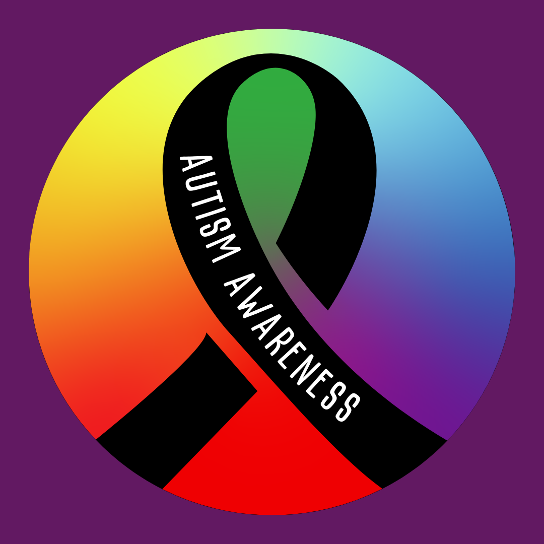 A black ribbon with the words Autism Awareness overlays a circular rainbow gradient background, symbolizing support and awareness for autism.