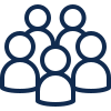 Simple line drawing of five human figures grouped together, representing a group or community of people.