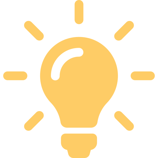A simple yellow lightbulb icon with lines radiating outward, symbolizing an idea or inspiration, on a light gray background.