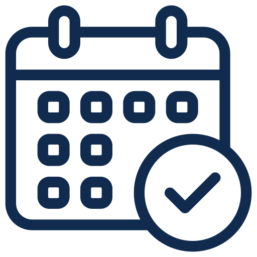 A dark blue outline of a calendar with a checkmark inside a circle overlay, symbolizing an event, appointment, or date that is confirmed or scheduled.