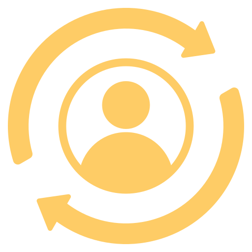 A yellow icon of a person inside a circle, surrounded by two curved arrows forming a loop, symbolizing user account, profile update, or synchronization.