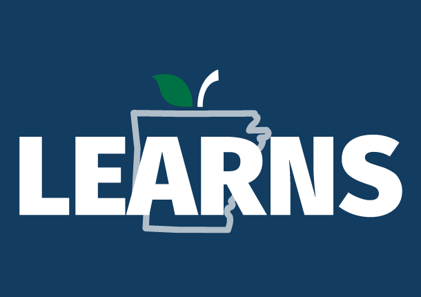 LEARNS square The word LEARNS in bold white text overlays an outline of Arkansas with a green leaf and white stem, all on a dark blue background.