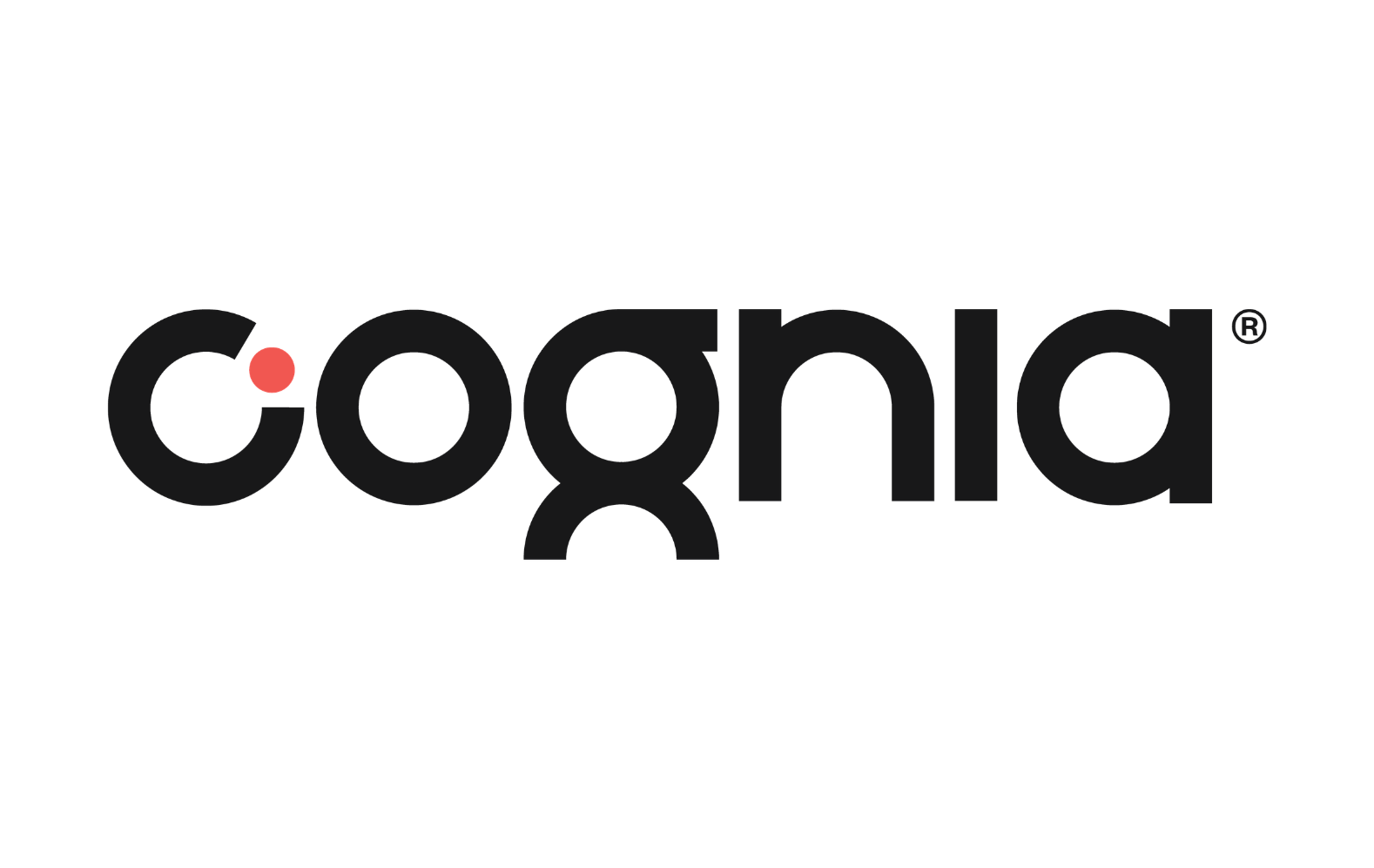 The word cognia in bold, black lowercase letters on a white background, with the o replaced by a red dot next to a black semicircle, resembling a stylized letter.