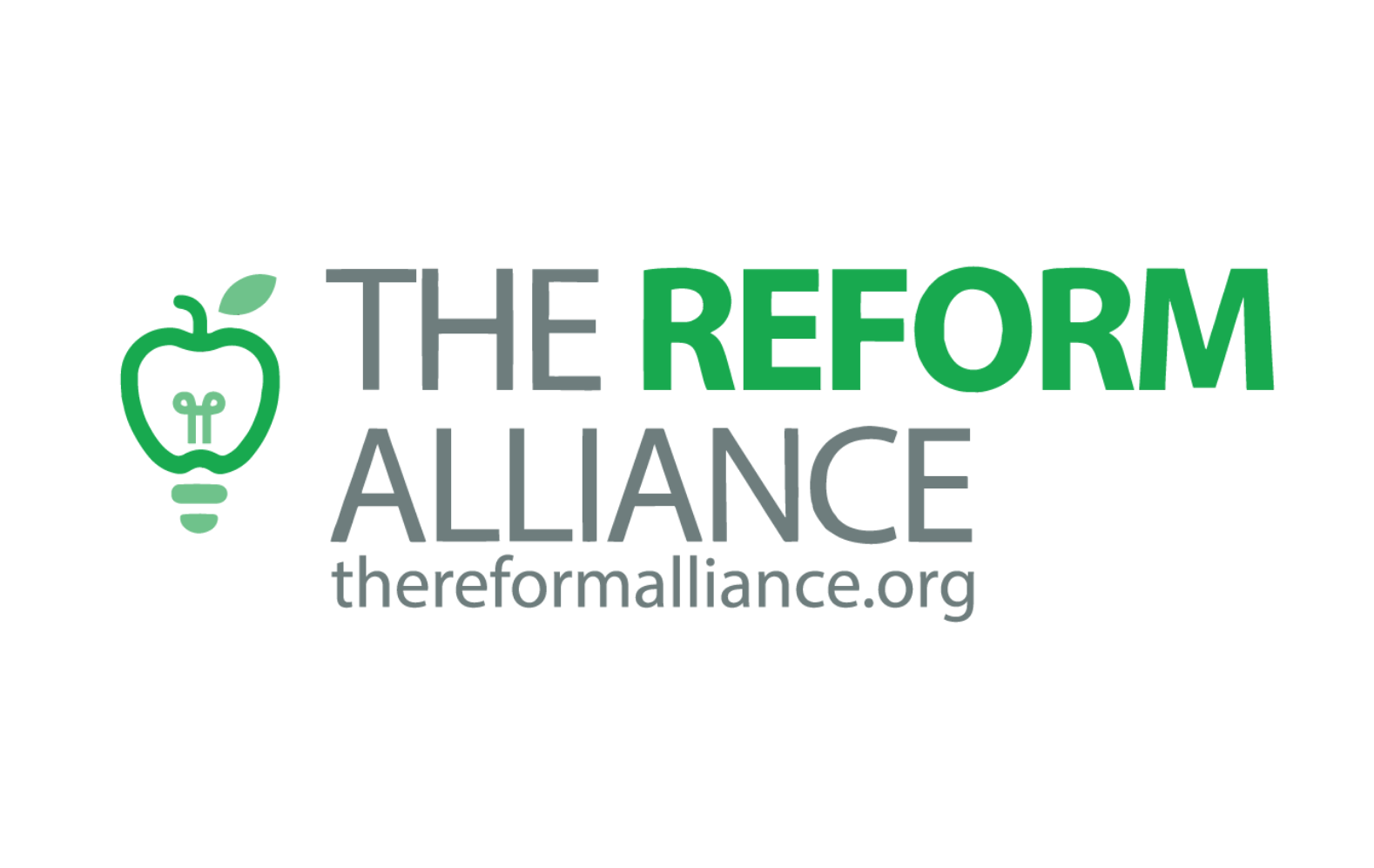 The REFORM ALLIANCE logo features a green apple combined with a lightbulb and the text THE REFORM ALLIANCE and thereformalliance.org on a light background.