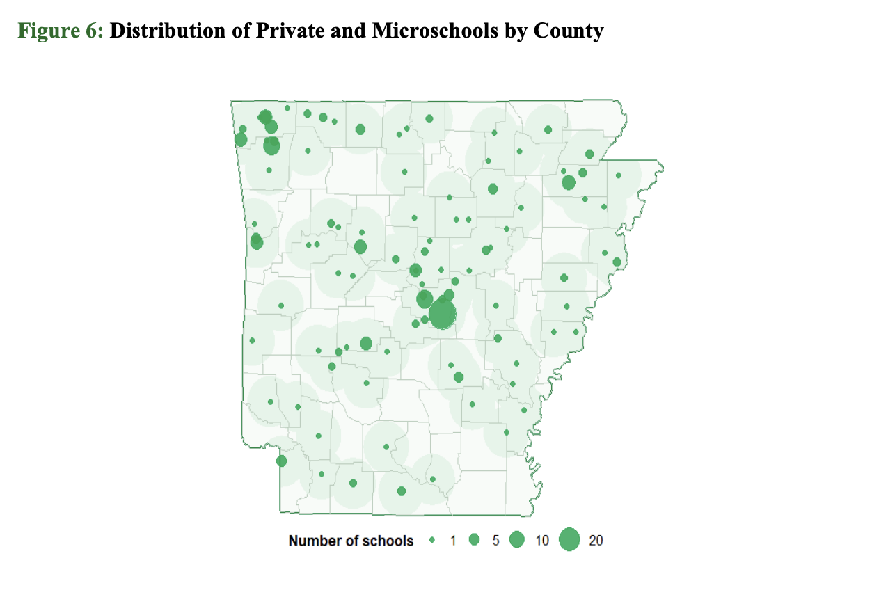 Private and Microschools 2025-26 Map of Arkansas showing the distribution of private and microschools by county, with dot sizes representing the number of schools ranging from 1 to 20.